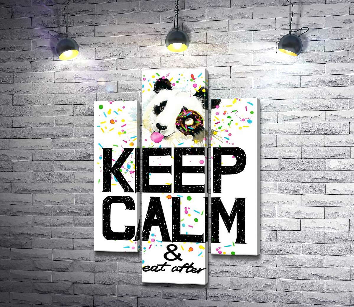 модульная картина Панда с мягким донатсом над надписью "keep calm and don't eat after 6 p.m." (Модуль №10)