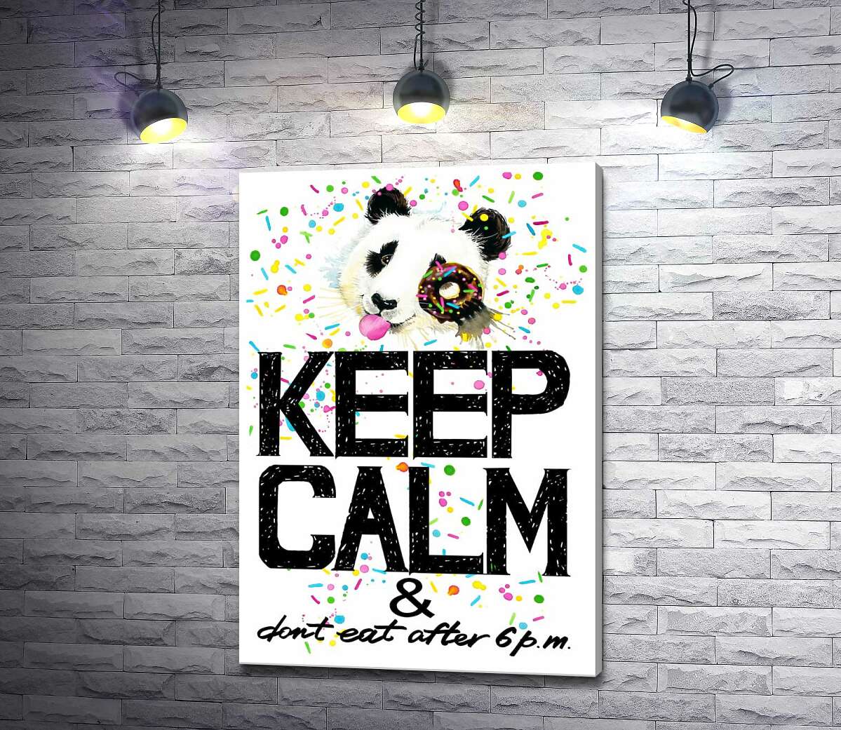 картина Панда с мягким донатсом над надписью "keep calm and don't eat after 6 p.m."