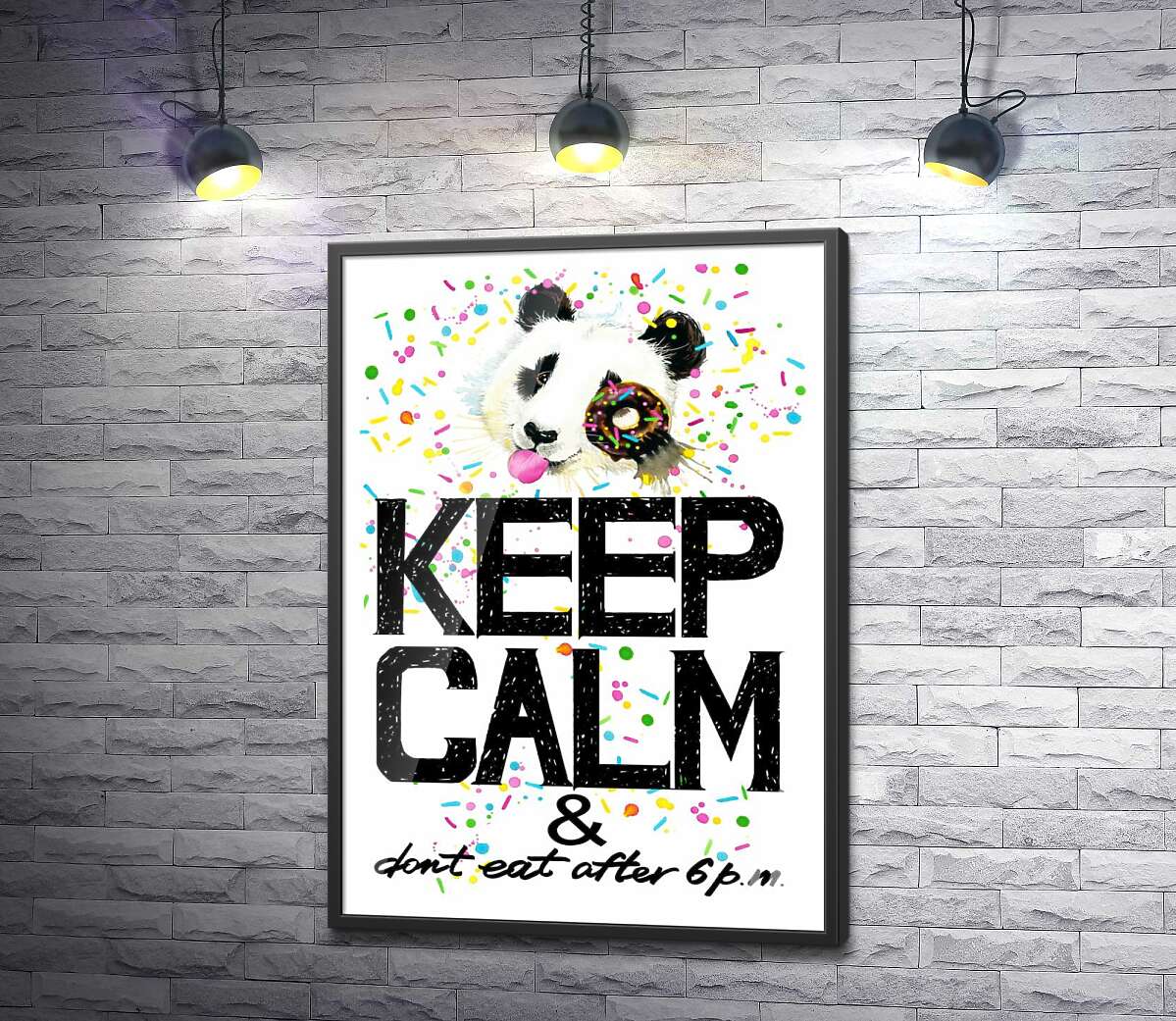 постер Панда с мягким донатсом над надписью "keep calm and don't eat after 6 p.m."