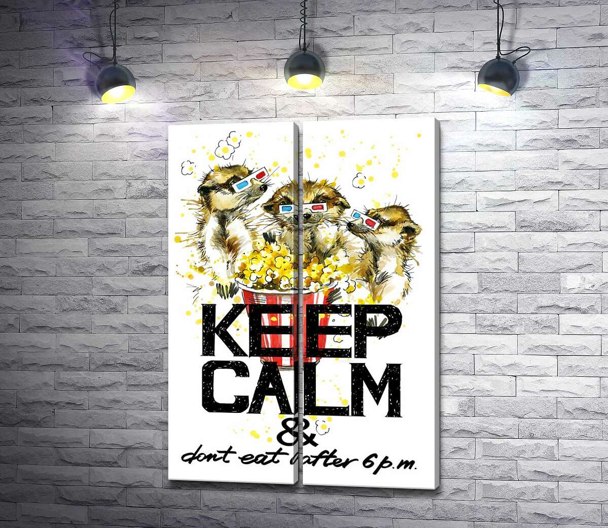 модульная картина Суслики с попкорном за надписью "keep calm and don't eat after 6 p.m."
