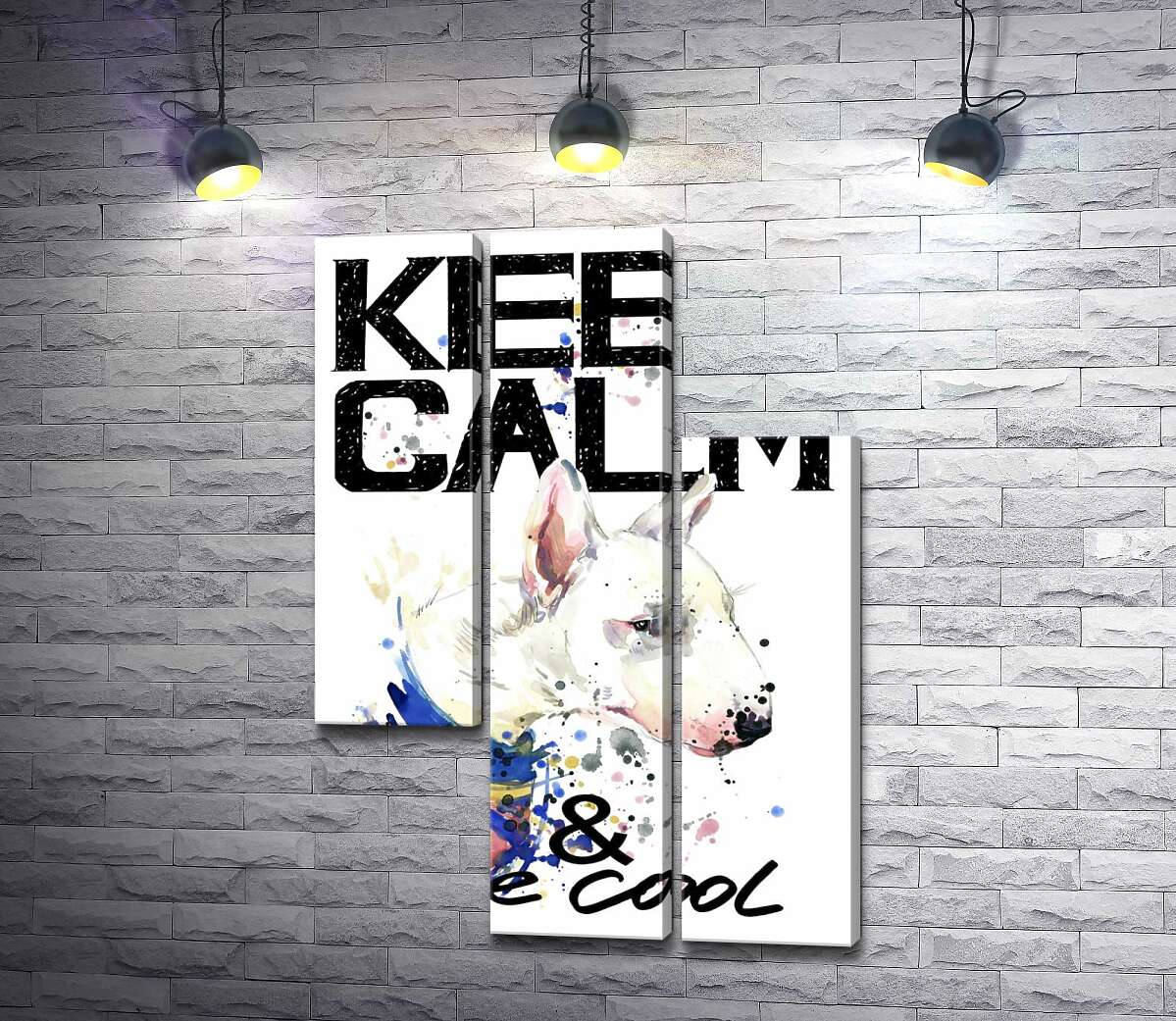 модульная картина Профиль бультерьера среди надписи "keep calm and be cool" (Модуль №13)