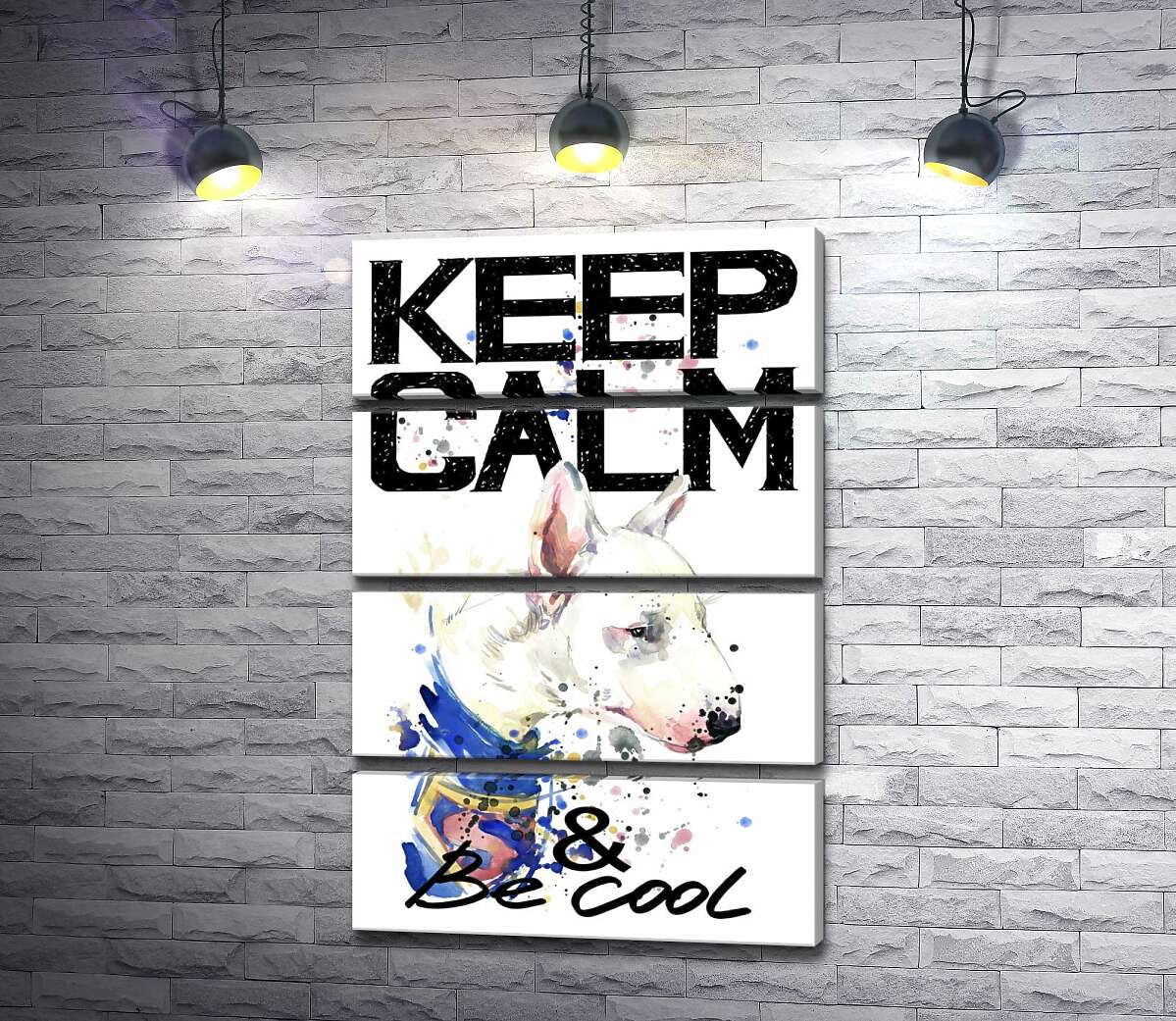 модульная картина Профиль бультерьера среди надписи "keep calm and be cool" (Модуль №22)