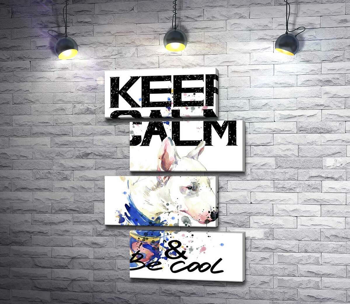 модульная картина Профиль бультерьера среди надписи "keep calm and be cool" (Модуль №23)