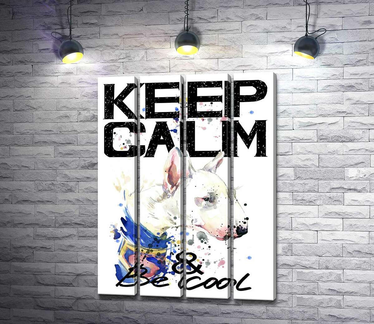 модульная картина Профиль бультерьера среди надписи "keep calm and be cool" (Модуль №24)