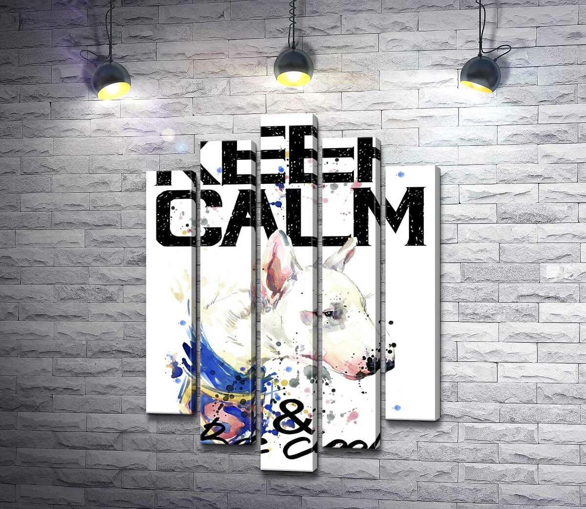 модульная картина Профиль бультерьера среди надписи "keep calm and be cool" (Модуль №4)