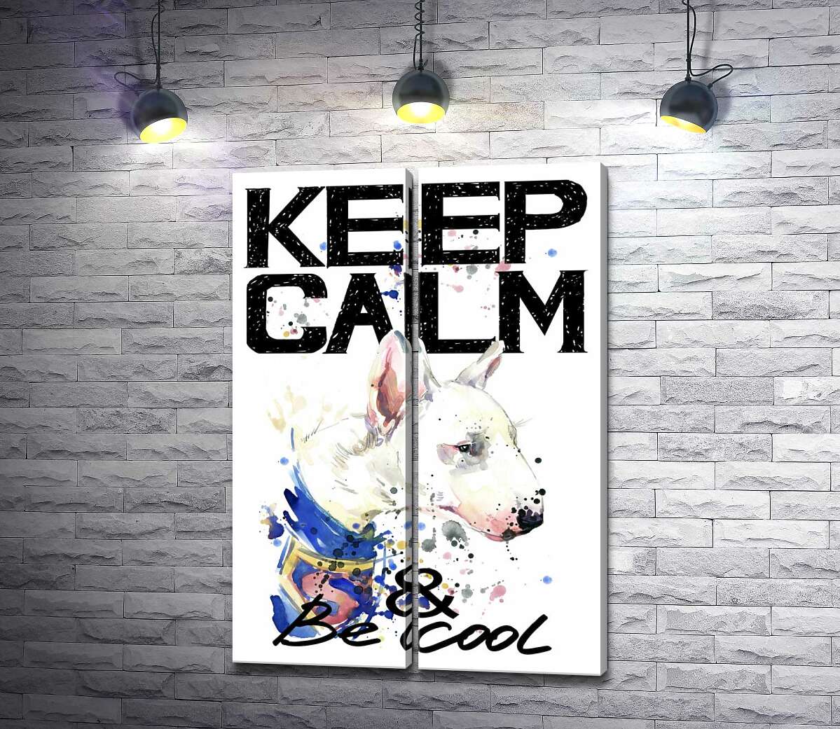 модульная картина Профиль бультерьера среди надписи "keep calm and be cool"