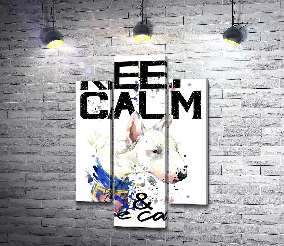модульная картина Профиль бультерьера среди надписи "keep calm and be cool" (Модуль №10)