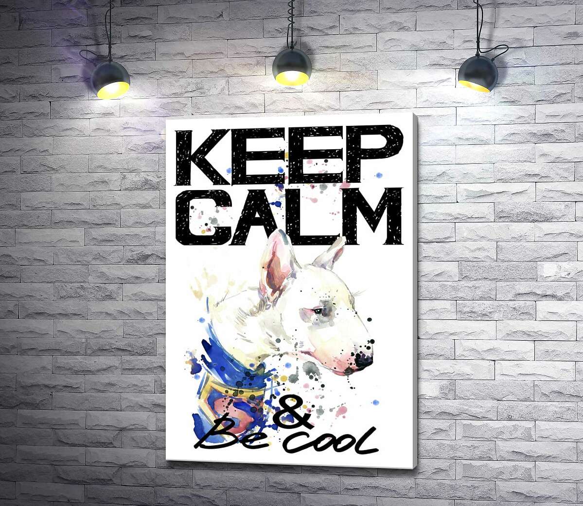 картина Профіль бультер'єра серед напису "keep calm and be cool"