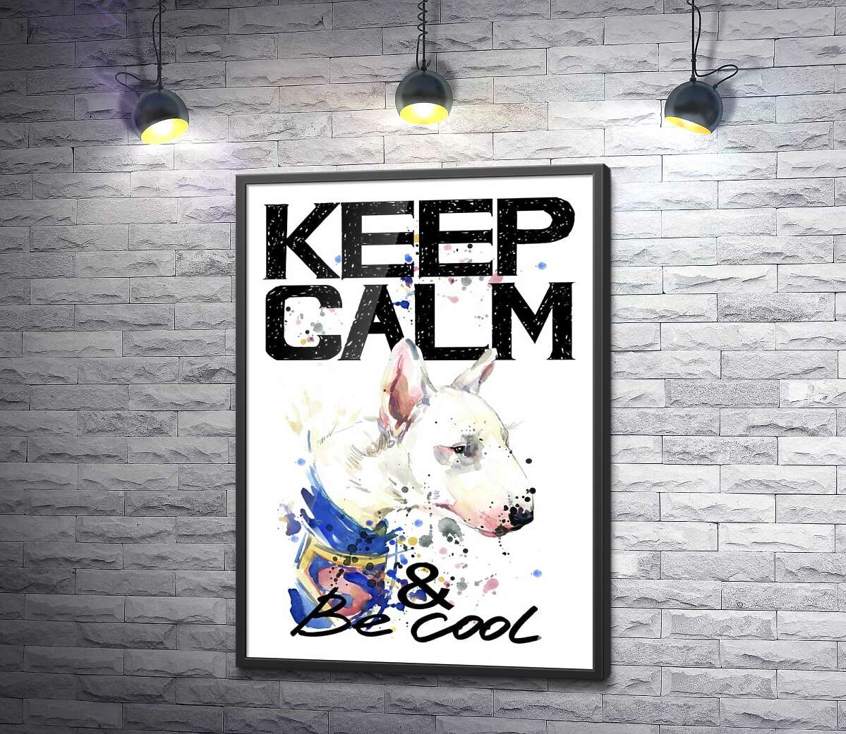 постер Профиль бультерьера среди надписи "keep calm and be cool"