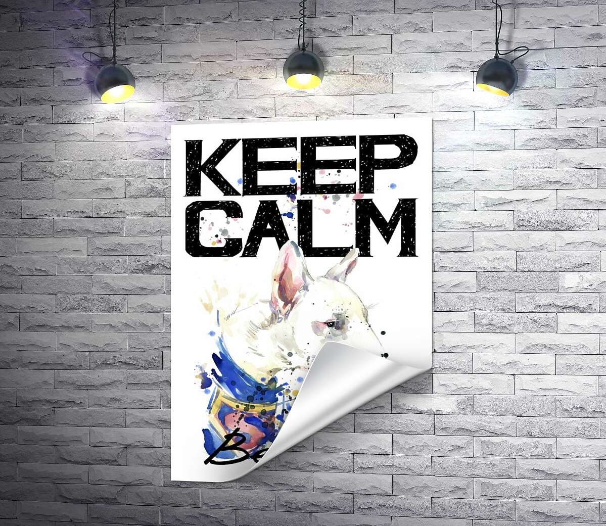 печать Профиль бультерьера среди надписи "keep calm and be cool"