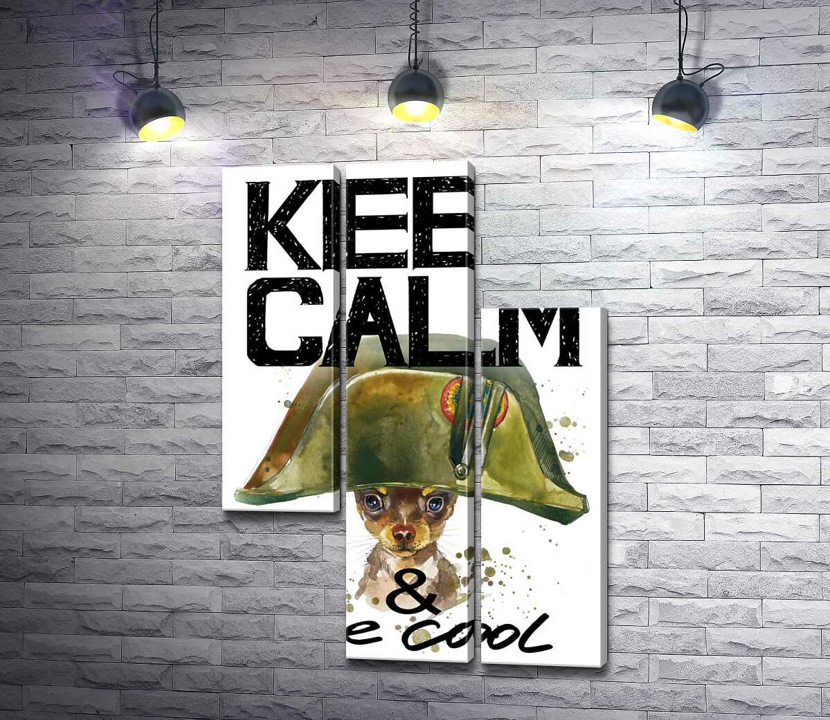 модульная картина Чихуахуа в шапке Наполеона среди надписи "keep calm and be cool" (Модуль №13)