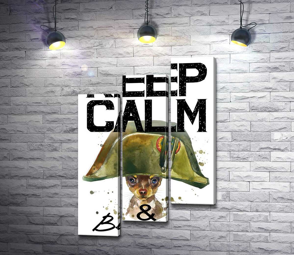 модульная картина Чихуахуа в шапке Наполеона среди надписи "keep calm and be cool" (Модуль №14)