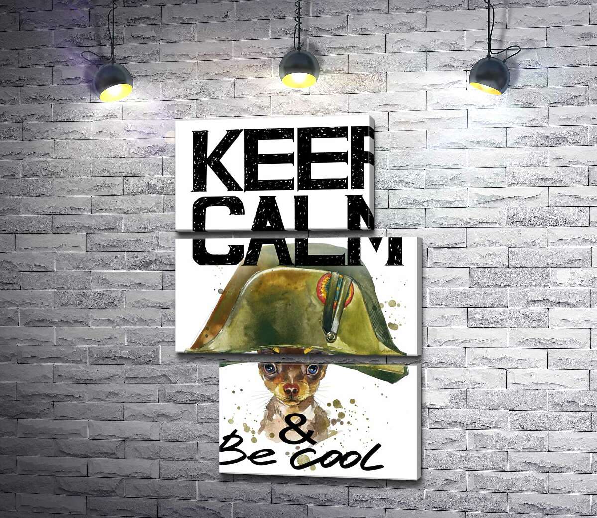модульна картина Чихуахуа в шапці Наполеона серед напису "keep calm and be cool" (Модуль №16)
