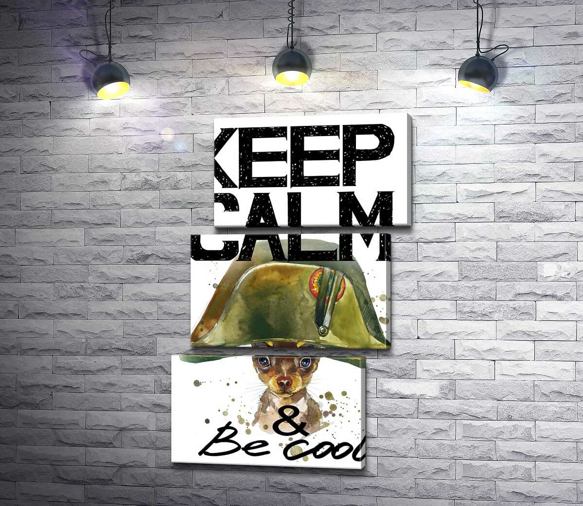 модульная картина Чихуахуа в шапке Наполеона среди надписи "keep calm and be cool" (Модуль №17)