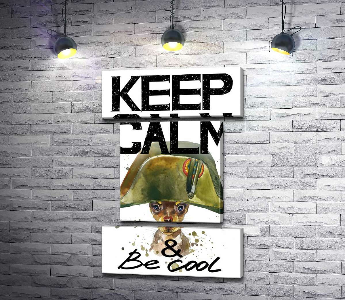 модульна картина Чихуахуа в шапці Наполеона серед напису "keep calm and be cool" (Модуль №18)