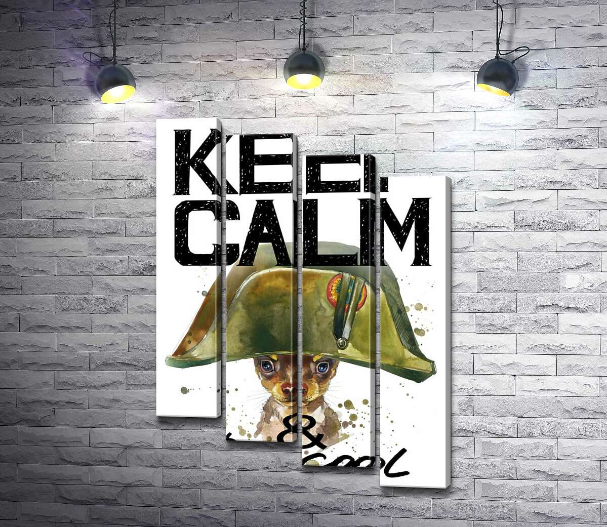 модульная картина Чихуахуа в шапке Наполеона среди надписи "keep calm and be cool" (Модуль №19)