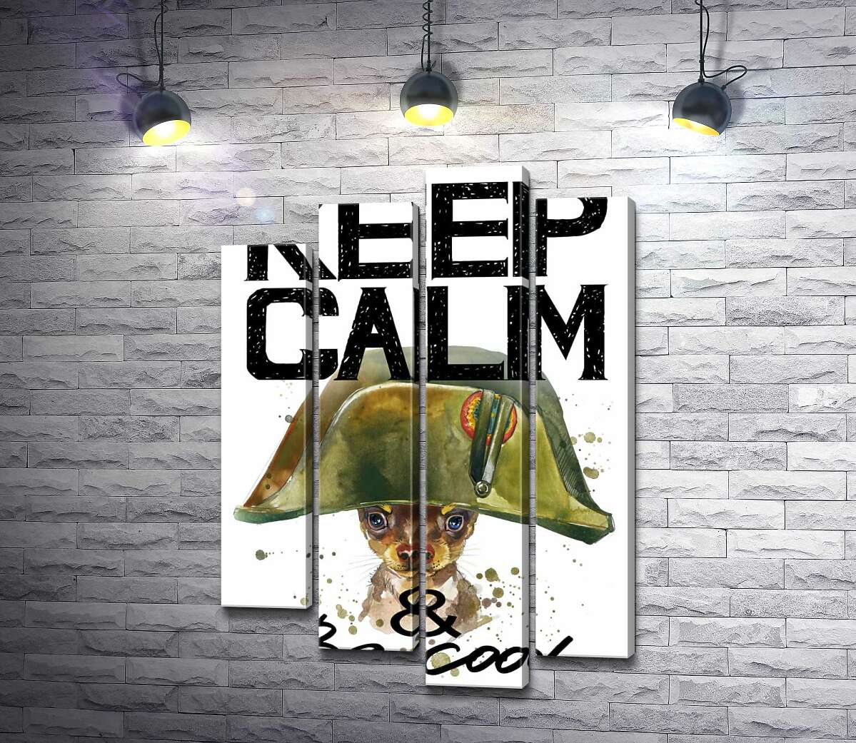 модульна картина Чихуахуа в шапці Наполеона серед напису "keep calm and be cool" (Модуль №3)