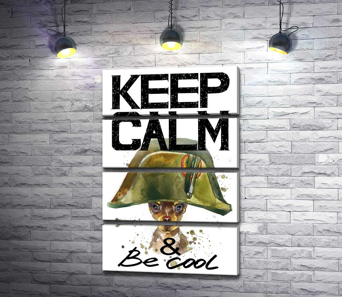 модульная картина Чихуахуа в шапке Наполеона среди надписи "keep calm and be cool" (Модуль №22)