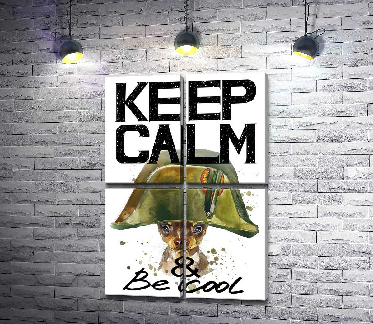 модульная картина Чихуахуа в шапке Наполеона среди надписи "keep calm and be cool" (Модуль №25)