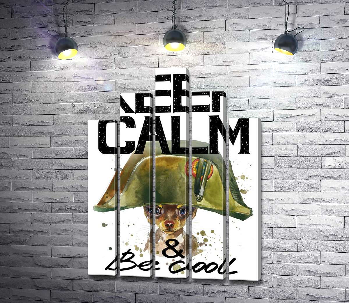 модульна картина Чихуахуа в шапці Наполеона серед напису "keep calm and be cool" (Модуль №29)
