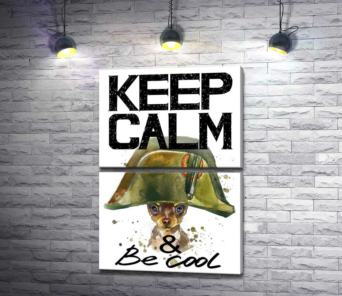 модульна картина Чихуахуа в шапці Наполеона серед напису "keep calm and be cool" (Модуль №7)
