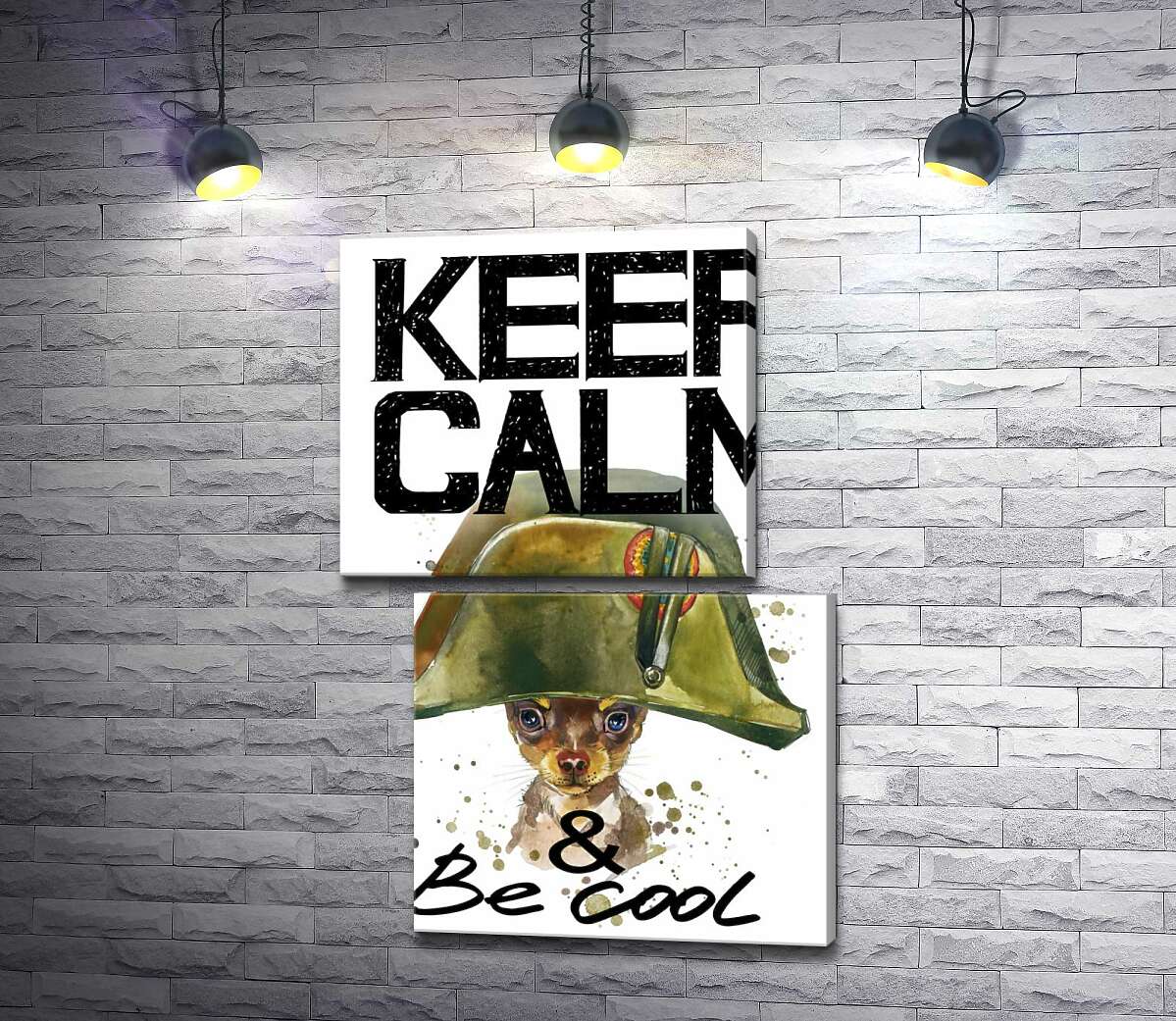 модульная картина Чихуахуа в шапке Наполеона среди надписи "keep calm and be cool" (Модуль №8)