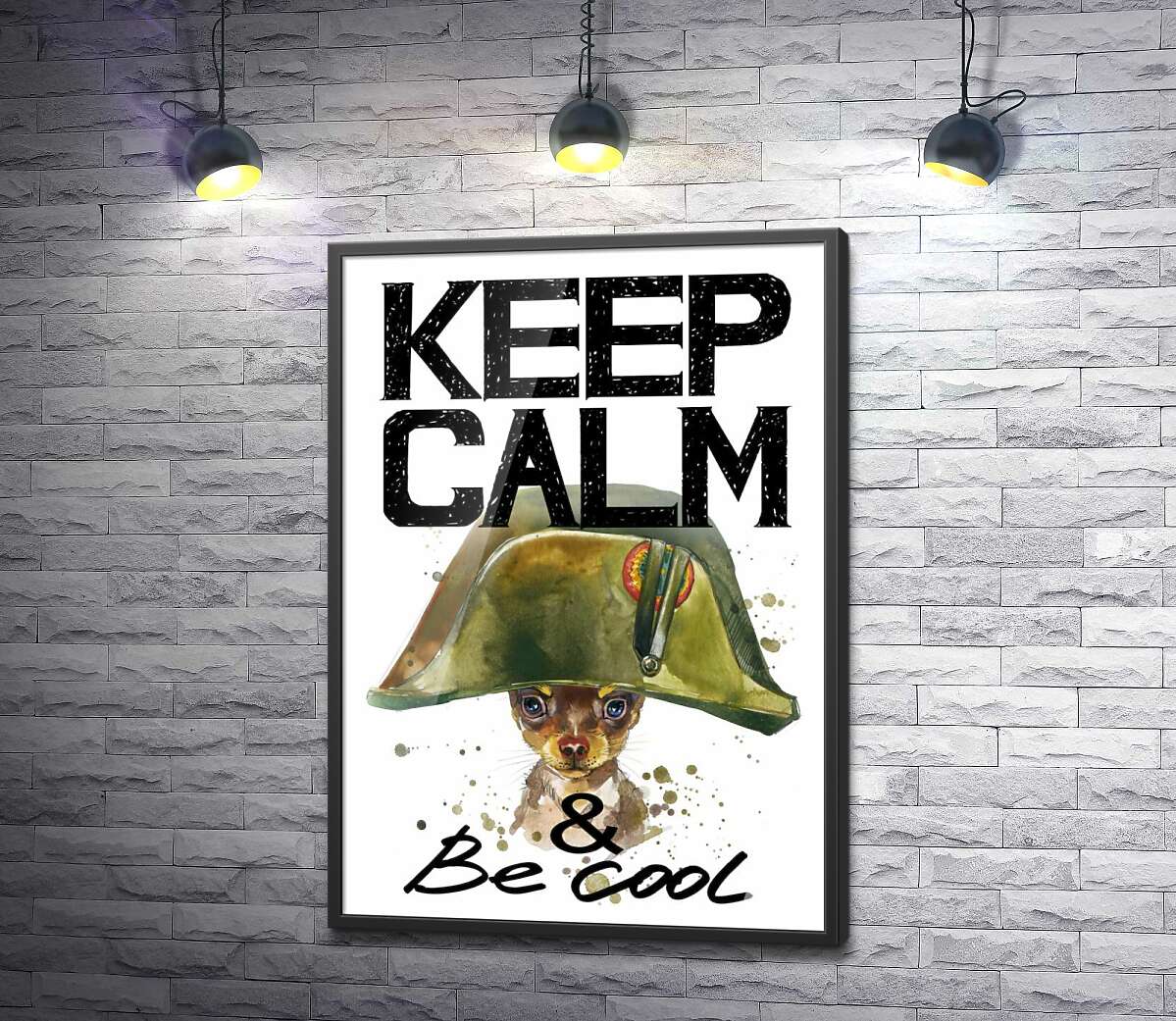 постер Чихуахуа в шапке Наполеона среди надписи "keep calm and be cool"