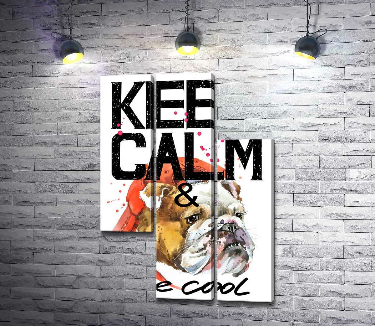 модульная картина Бульдог в красной кепке среди надписи "keep calm and be cool" (Модуль №13)