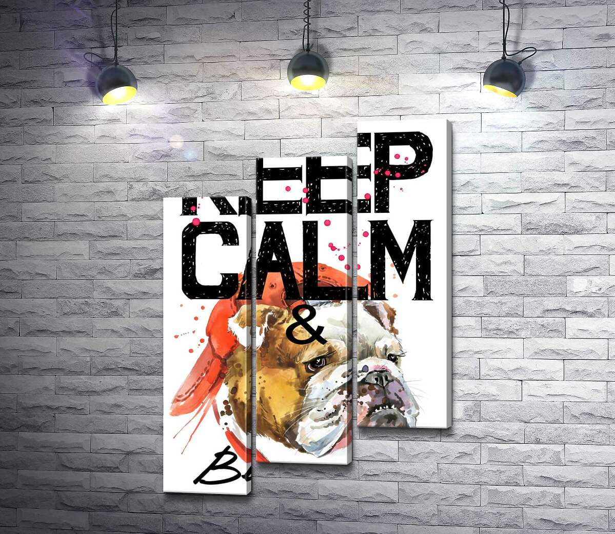 модульная картина Бульдог в красной кепке среди надписи "keep calm and be cool" (Модуль №14)