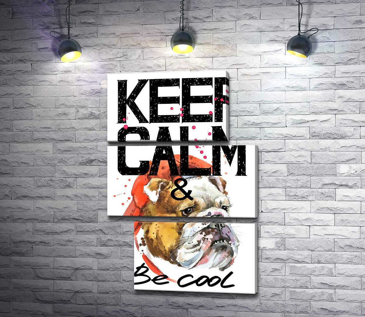 модульная картина Бульдог в красной кепке среди надписи "keep calm and be cool" (Модуль №16)