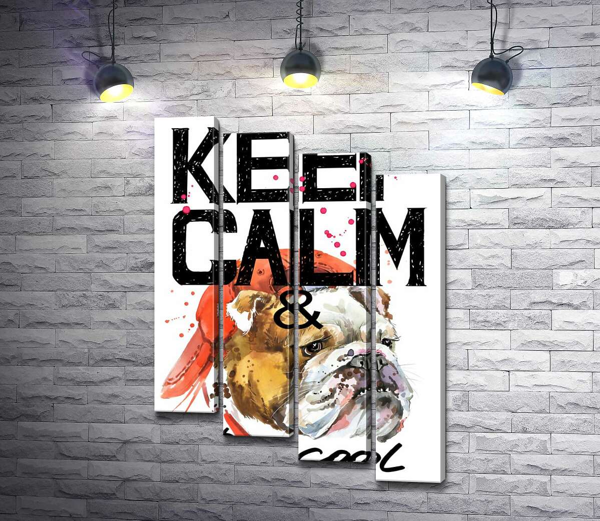 модульна картина Бульдог в червоній кепці серед напису "keep calm and be cool" (Модуль №19)