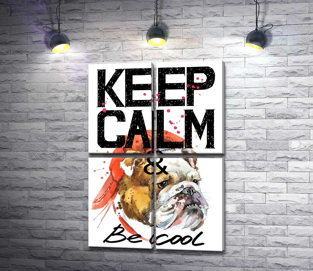 модульна картина Бульдог в червоній кепці серед напису "keep calm and be cool" (Модуль №25)