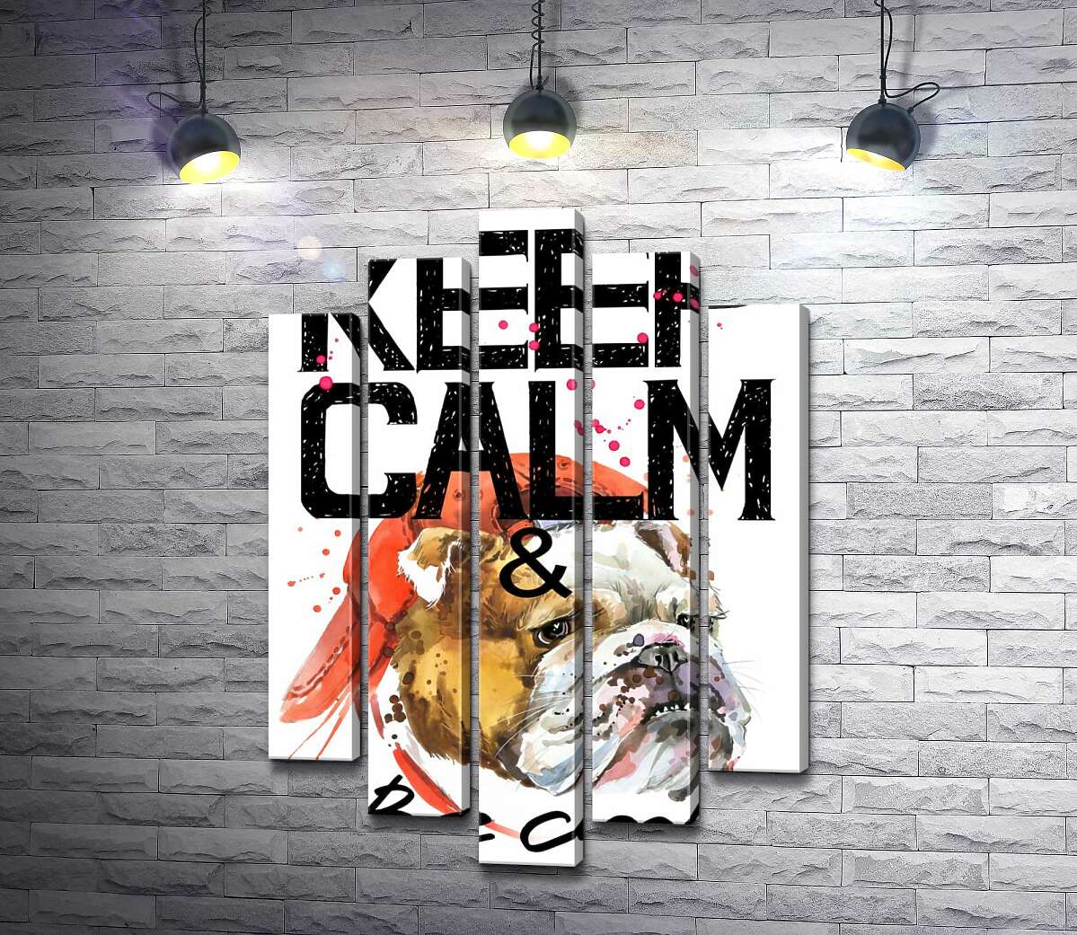 модульная картина Бульдог в красной кепке среди надписи "keep calm and be cool" (Модуль №4)