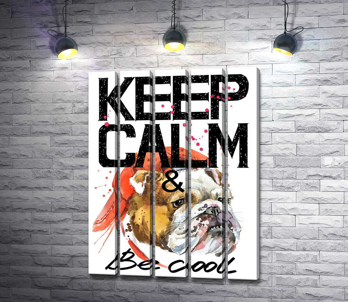 модульная картина Бульдог в красной кепке среди надписи "keep calm and be cool" (Модуль №26)