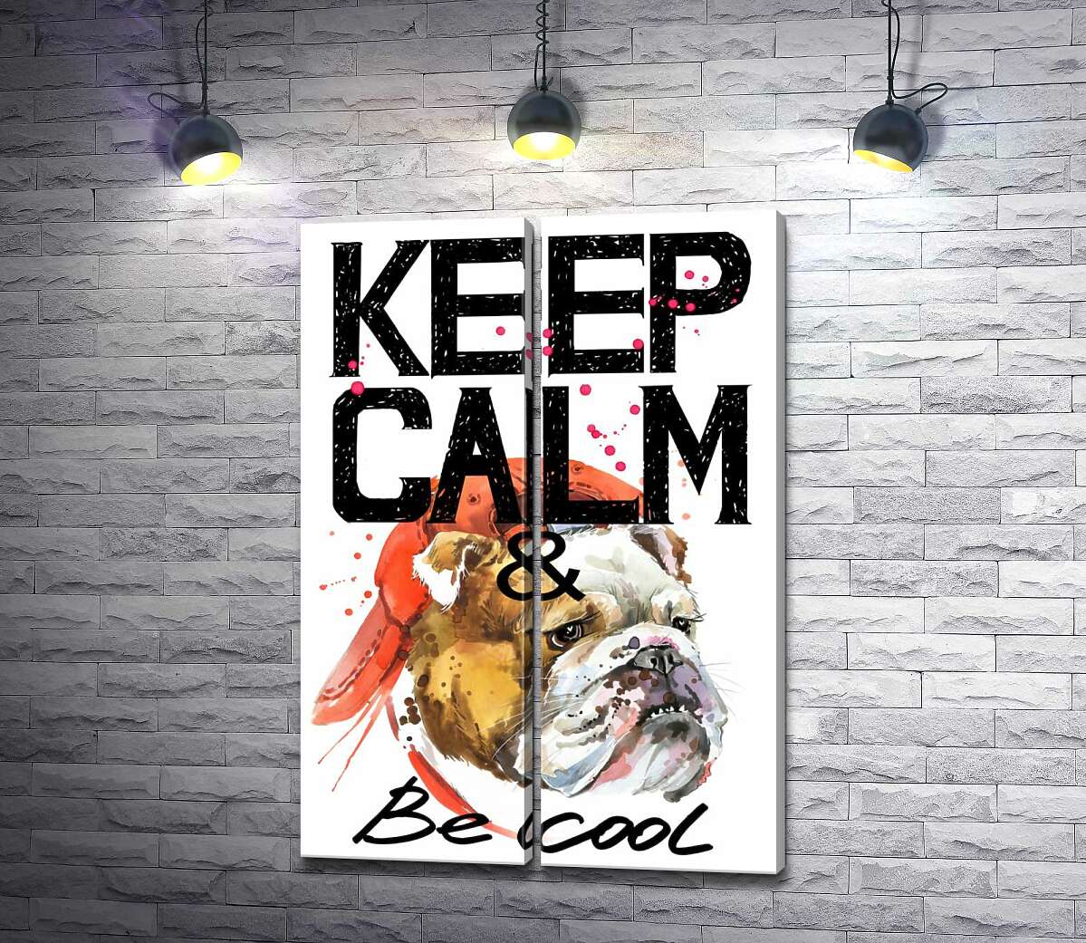 модульная картина Бульдог в красной кепке среди надписи "keep calm and be cool"