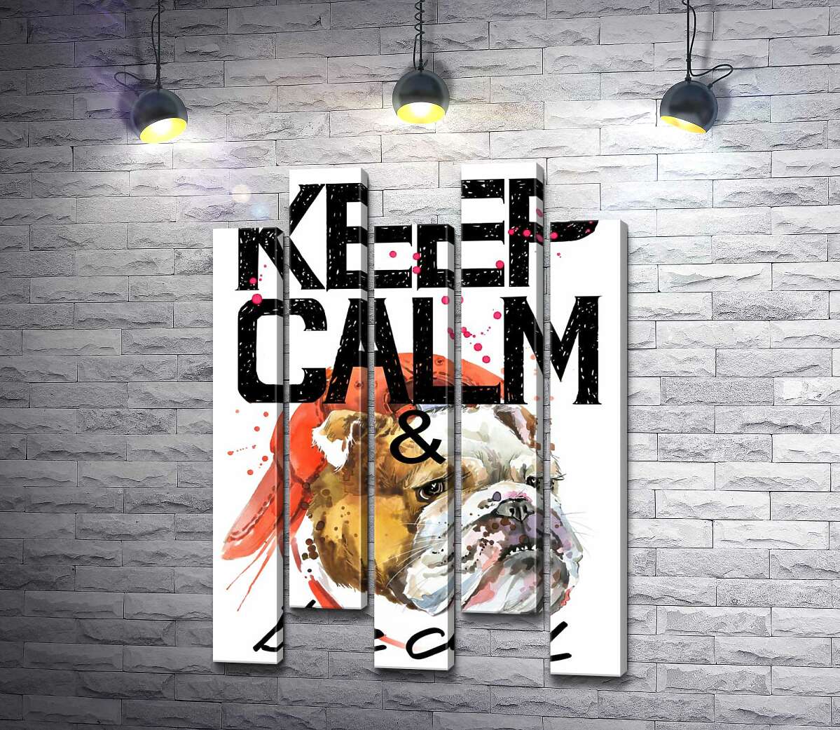 модульная картина Бульдог в красной кепке среди надписи "keep calm and be cool" (Модуль №30)