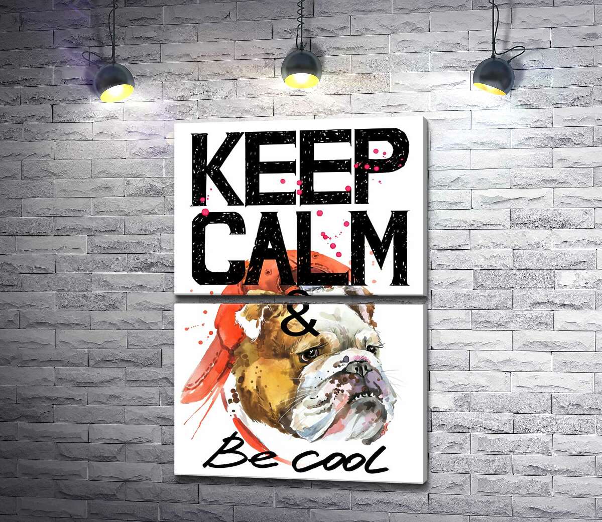 модульная картина Бульдог в красной кепке среди надписи "keep calm and be cool" (Модуль №7)