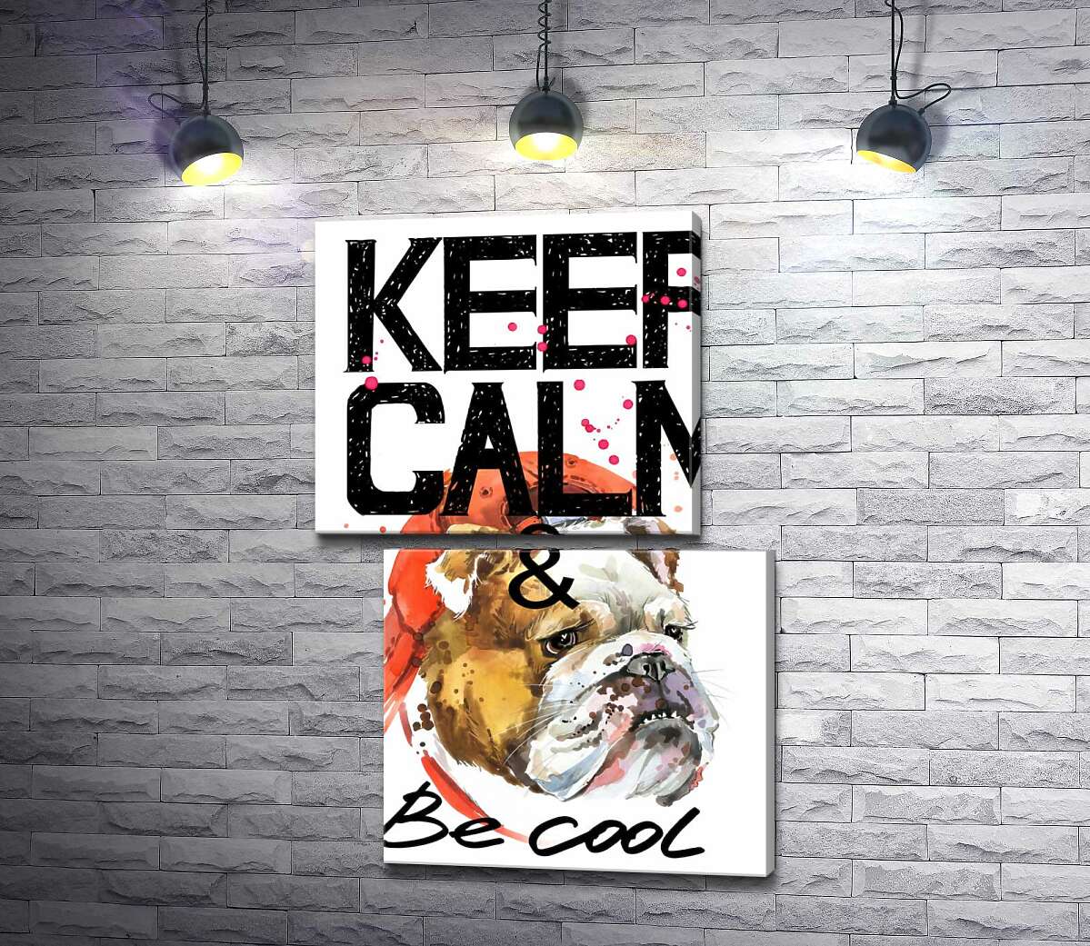 модульная картина Бульдог в красной кепке среди надписи "keep calm and be cool" (Модуль №8)