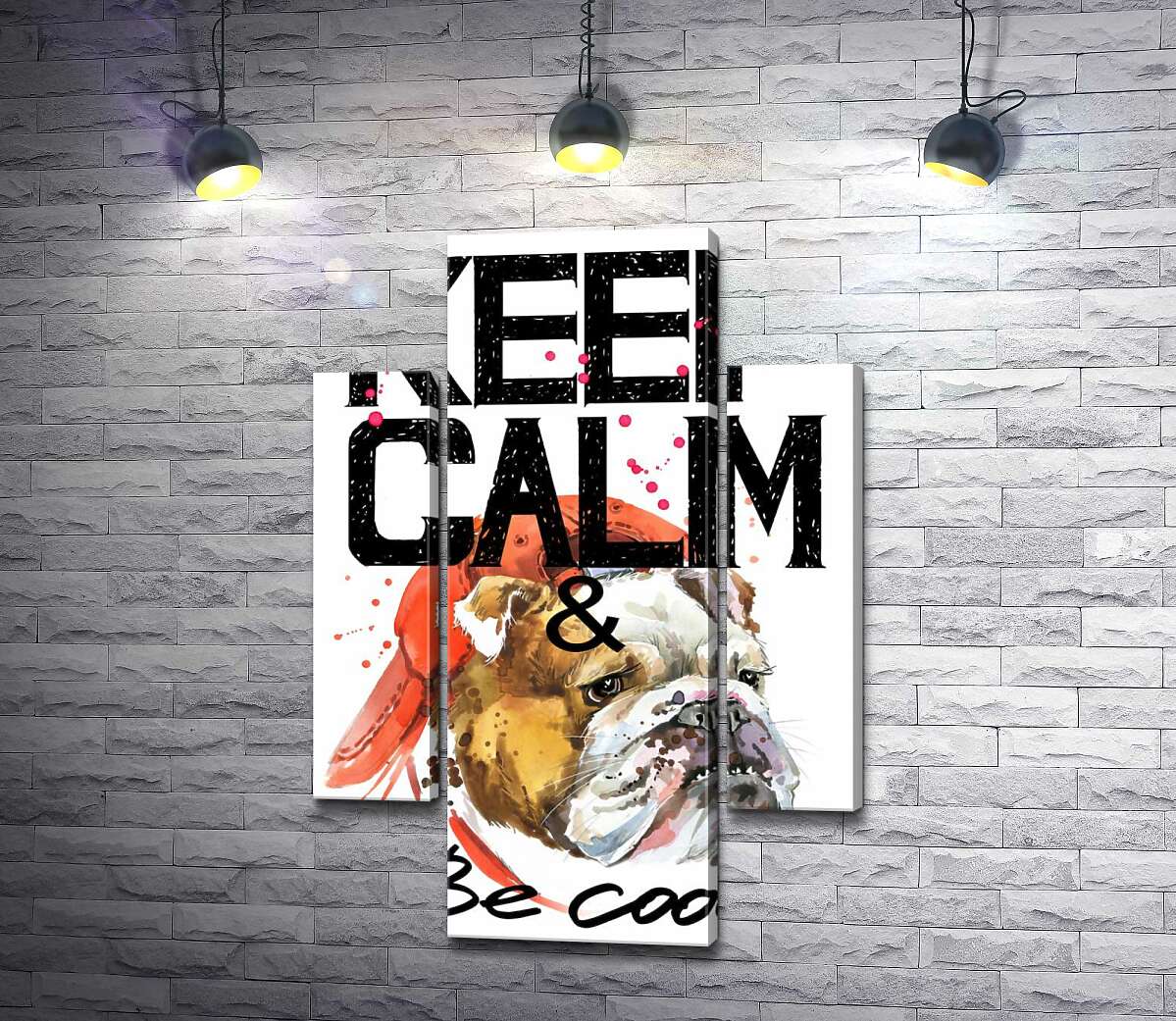 модульная картина Бульдог в красной кепке среди надписи "keep calm and be cool" (Модуль №5)