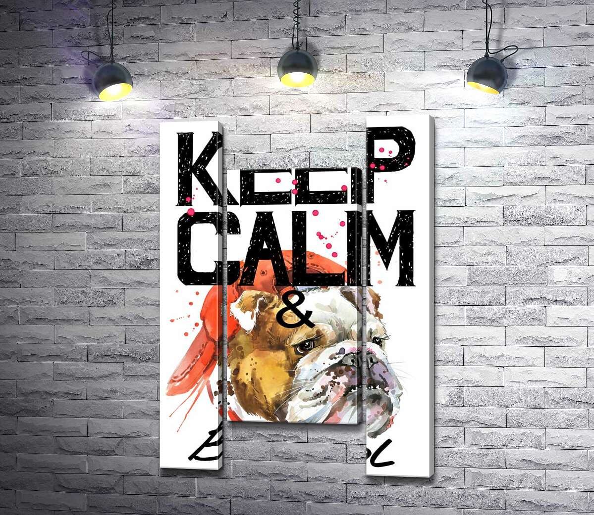 модульная картина Бульдог в красной кепке среди надписи "keep calm and be cool" (Модуль №11)