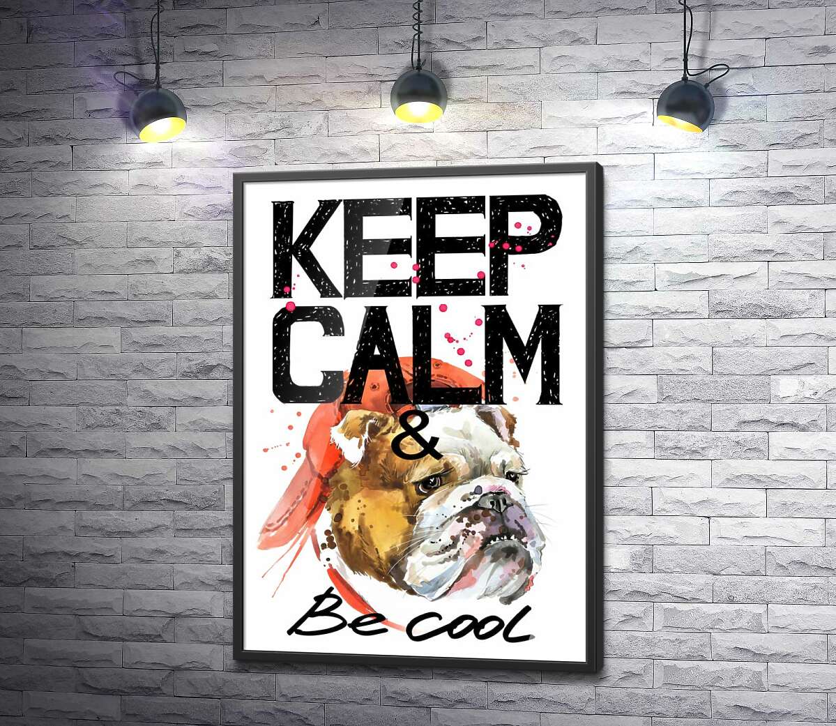 постер Бульдог в красной кепке среди надписи "keep calm and be cool"