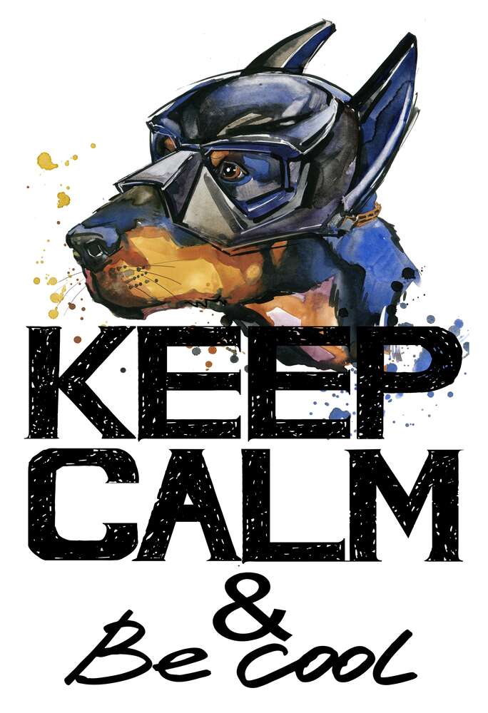 картина-постер Доберман в маске Бэтмена среди надписи "keep calm and be cool"