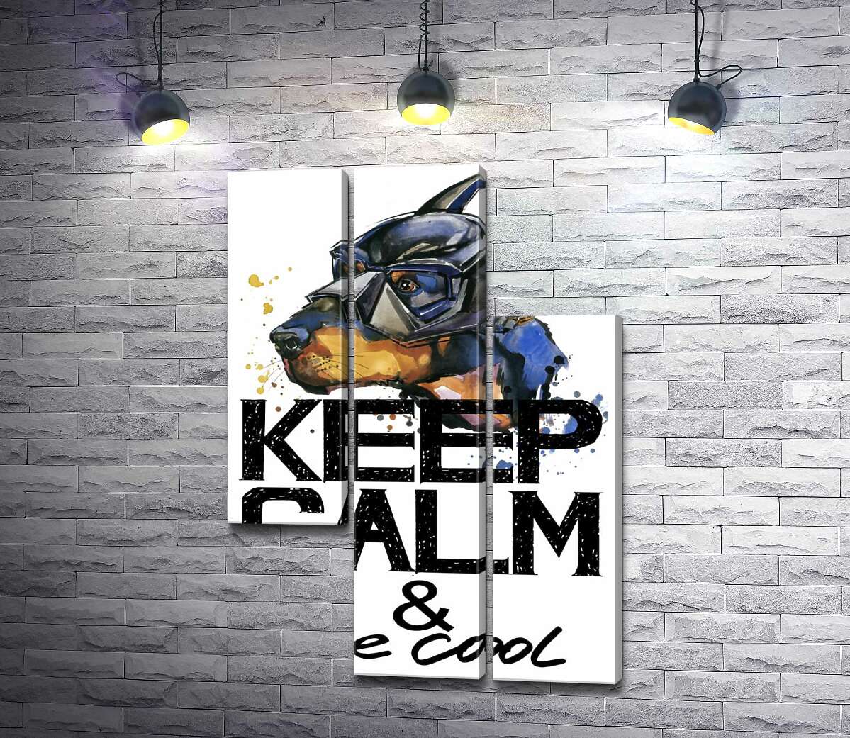 модульна картина Доберман в масці Бетмена серед напису "keep calm and be cool" (Модуль №13)