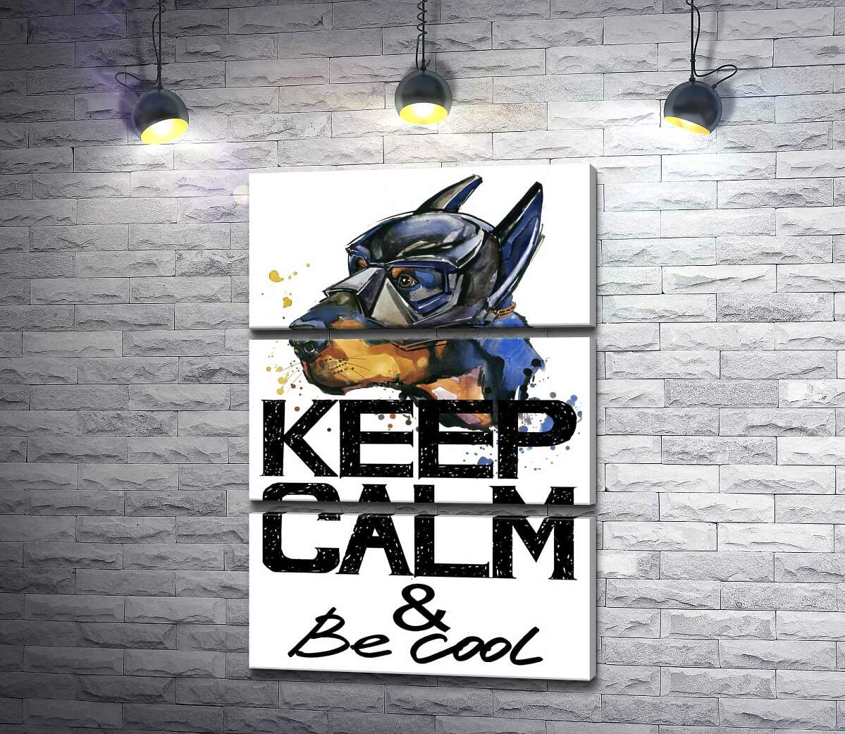 модульна картина Доберман в масці Бетмена серед напису "keep calm and be cool" (Модуль №15)
