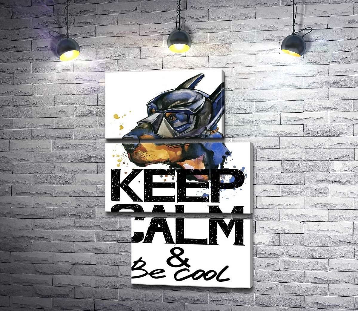 модульная картина Доберман в маске Бэтмена среди надписи "keep calm and be cool" (Модуль №16)