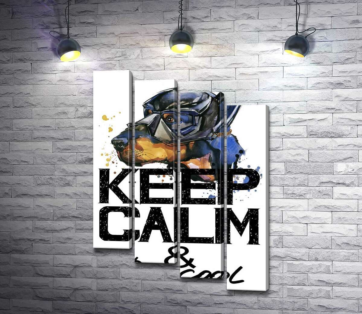 модульна картина Доберман в масці Бетмена серед напису "keep calm and be cool" (Модуль №19)