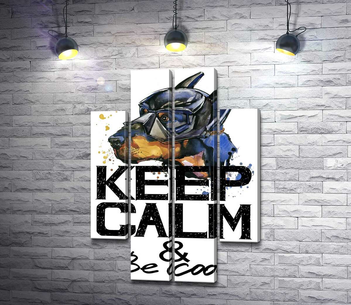 модульная картина Доберман в маске Бэтмена среди надписи "keep calm and be cool" (Модуль №20)