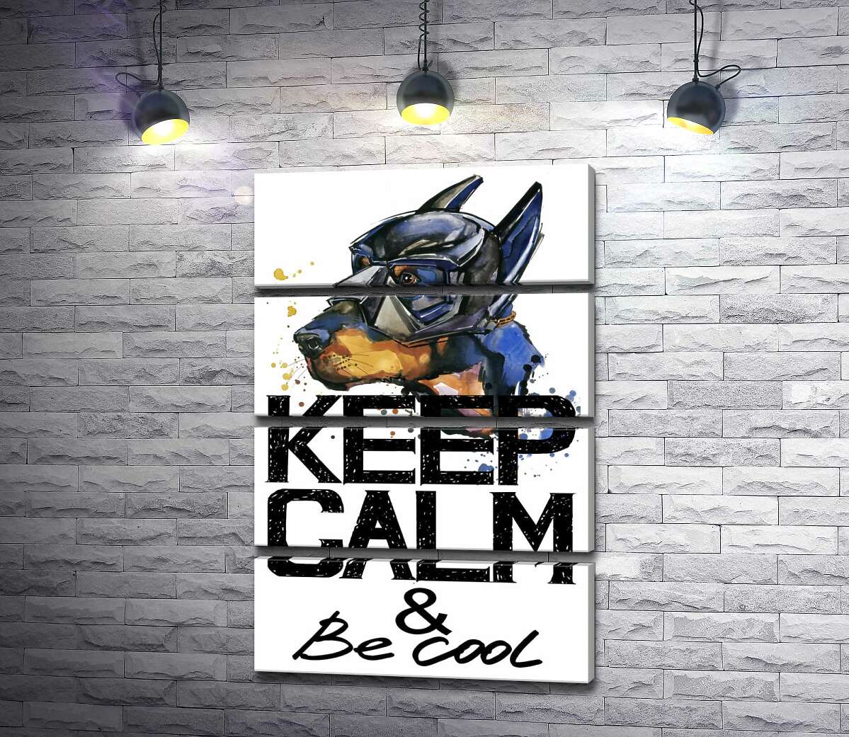 модульна картина Доберман в масці Бетмена серед напису "keep calm and be cool" (Модуль №22)