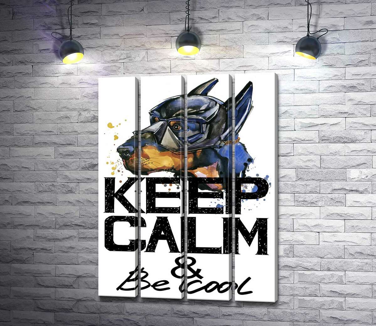 модульная картина Доберман в маске Бэтмена среди надписи "keep calm and be cool" (Модуль №24)
