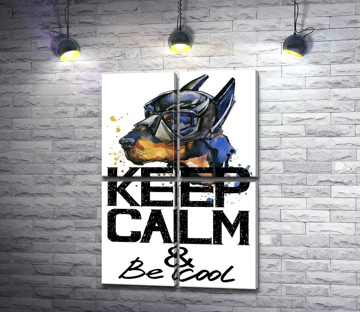 модульна картина Доберман в масці Бетмена серед напису "keep calm and be cool" (Модуль №25)